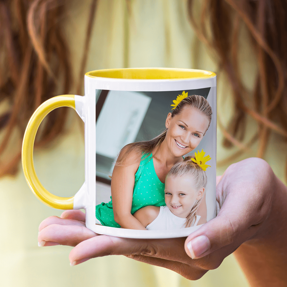 personalised mug with yellow coloured handle with a mum and a daughter - agfaphoto print